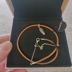 Pandora Leather Choker W/Feather Pendant